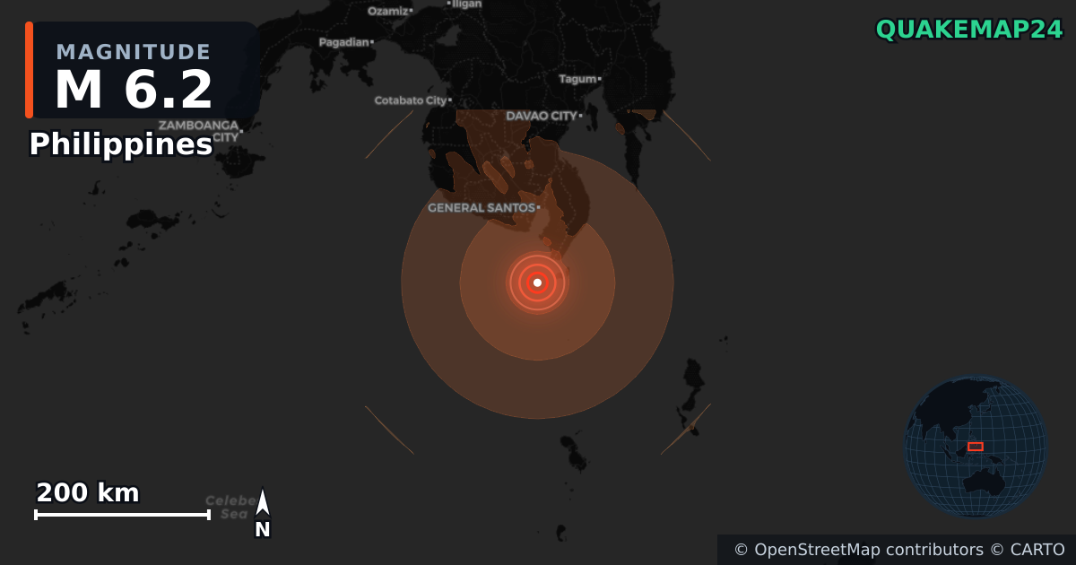 M6.2 earthquake near Philippines on Jul 14, 2026 — map of epicenter and shaking intensity | QuakeMap24