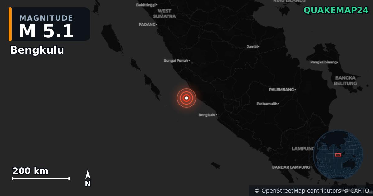 M5.1 earthquake near Bengkulu on Dec 14, 2025 — map of epicenter and shaking intensity | QuakeMap24