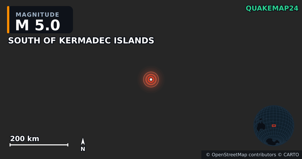M5.0 earthquake near SOUTH OF KERMADEC ISLANDS on Apr 10, 2026 — map of epicenter and shaking intensity | QuakeMap24