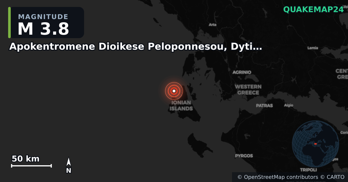 M3.8 earthquake near Apokentromene Dioikese Peloponnesou, Dytikes Elladas kai Ioniou on Sep 17, 2025 — map of epicenter and shaking intensity | QuakeMap24