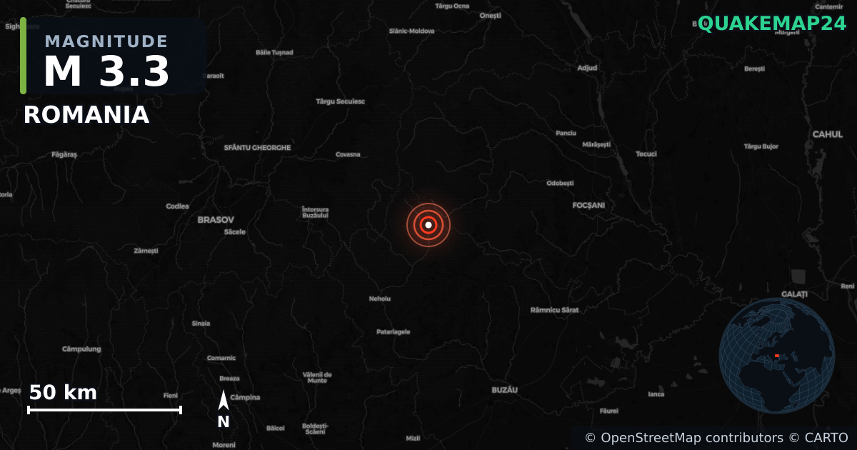 M3.3 earthquake near ROMANIA on Oct 30, 2025 — map of epicenter and shaking intensity | QuakeMap24