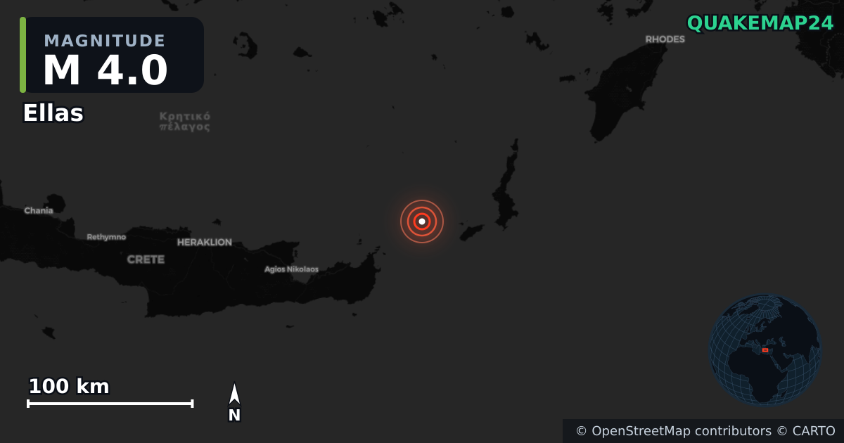 M4.0 earthquake near Ellas on May 23, 2026 — map of epicenter and shaking intensity | QuakeMap24