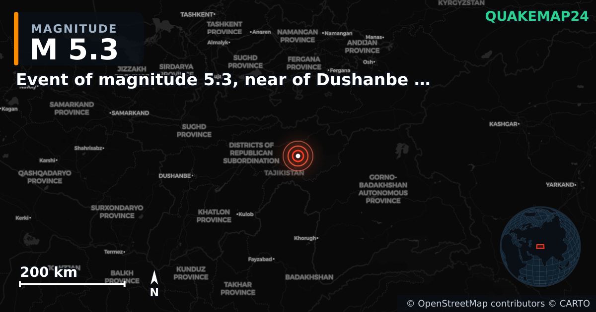Σεισμός M5,3 κοντά στο Event of magnitude 5.3, near of Dushanbe (Monde) — Χάρτης της θέσης του επικέντρου
