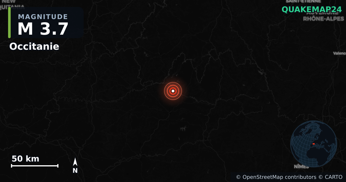 M3.7 earthquake near Occitanie on Jul 31, 2025 — map of epicenter and shaking intensity | QuakeMap24