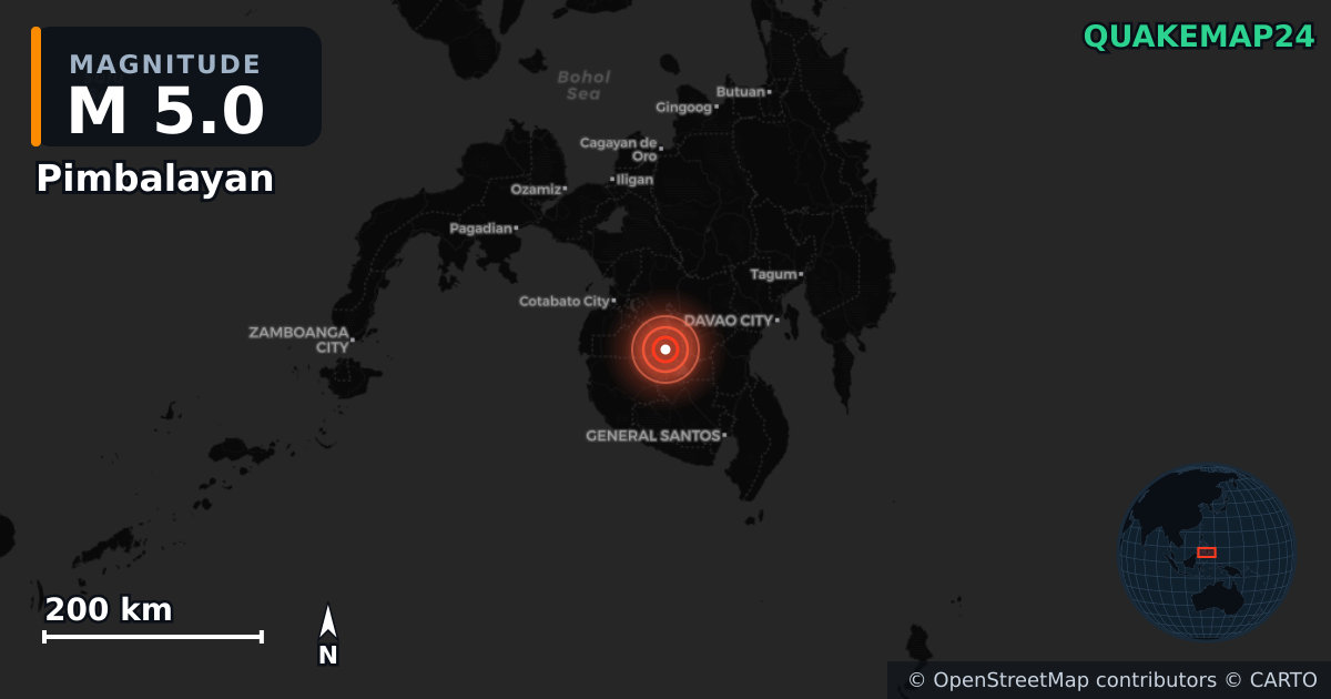 M5.0 earthquake near Pimbalayan on May 16, 2026 — map of epicenter and shaking intensity | QuakeMap24