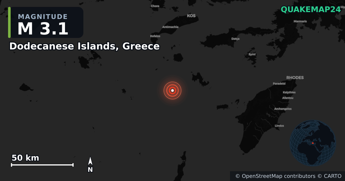 M3.1 earthquake near Dodecanese Islands, Greece on Sep 30, 2025 — map of epicenter and shaking intensity | QuakeMap24