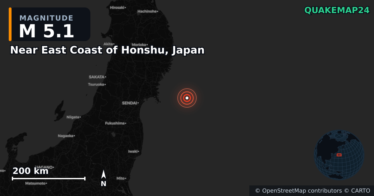 M5.1 earthquake near Near East Coast of Honshu, Japan on Jun 14, 2025 — map of epicenter and shaking intensity | QuakeMap24