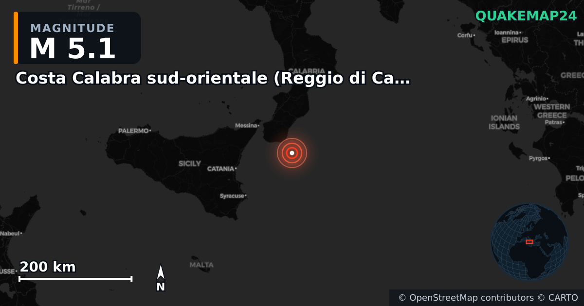 M5.1 earthquake near Costa Calabra sud-orientale (Reggio di Calabria) on Jan 10, 2026 — map of epicenter and shaking intensity | QuakeMap24