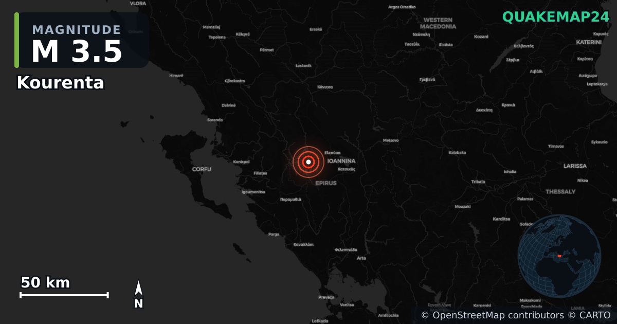 Séisme de M3,5 près de Kourenta, Epirus (Grèce) · 2026-06-20 — Carte de localisation de l’épicentre