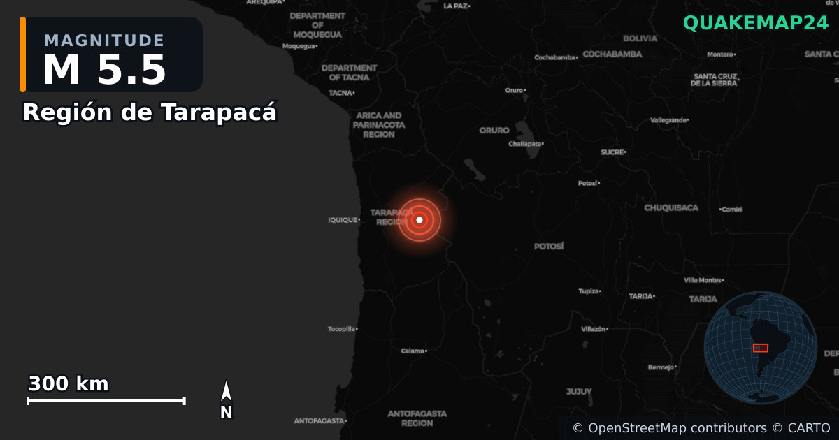 M5.5 earthquake near Región de Tarapacá on Sep 19, 2025 — map of epicenter and shaking intensity | QuakeMap24