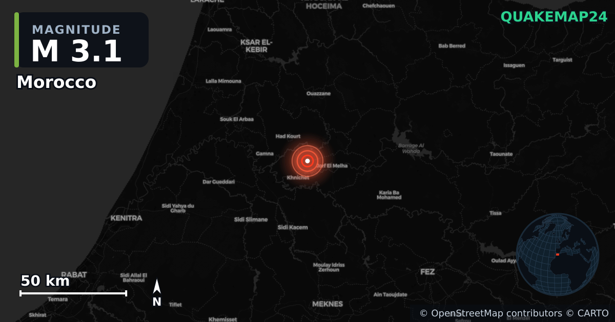 M3.1 earthquake near Morocco on May 4, 2026 — map of epicenter and shaking intensity | QuakeMap24