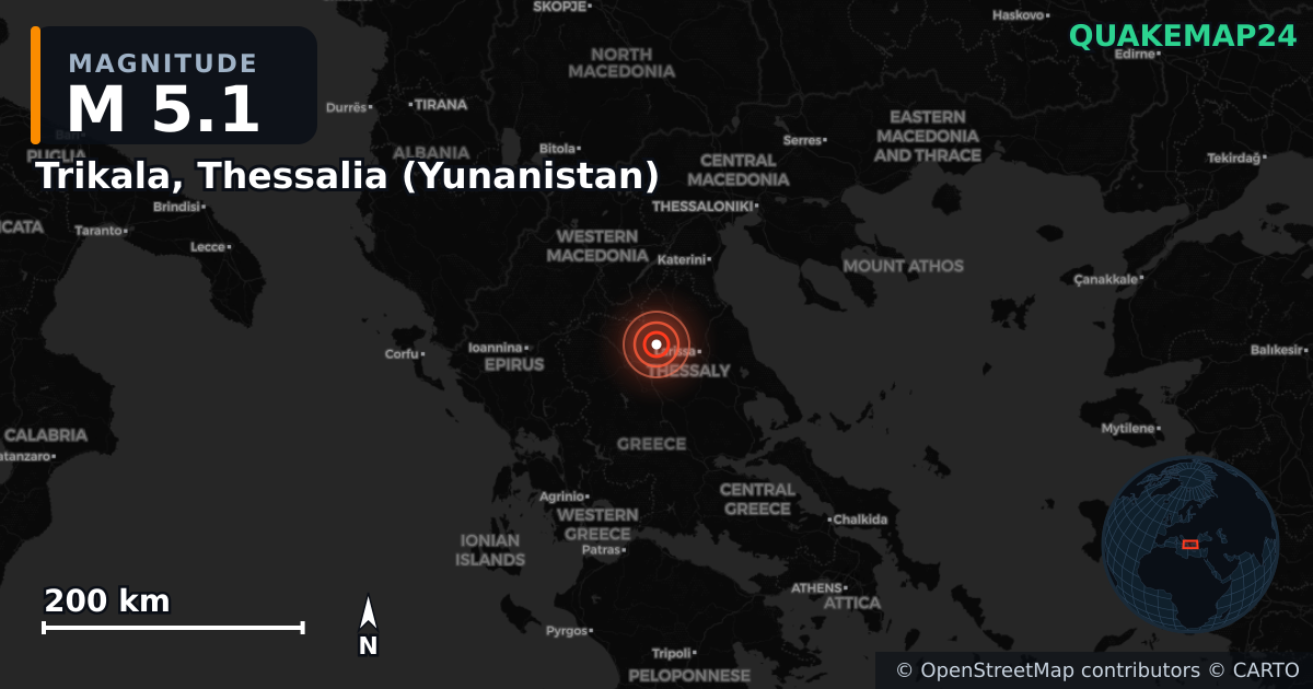 Erdbeben M5,1 bei Trikala, Thessalia (Yunanistan) — Karte der Lage des Epizentrums