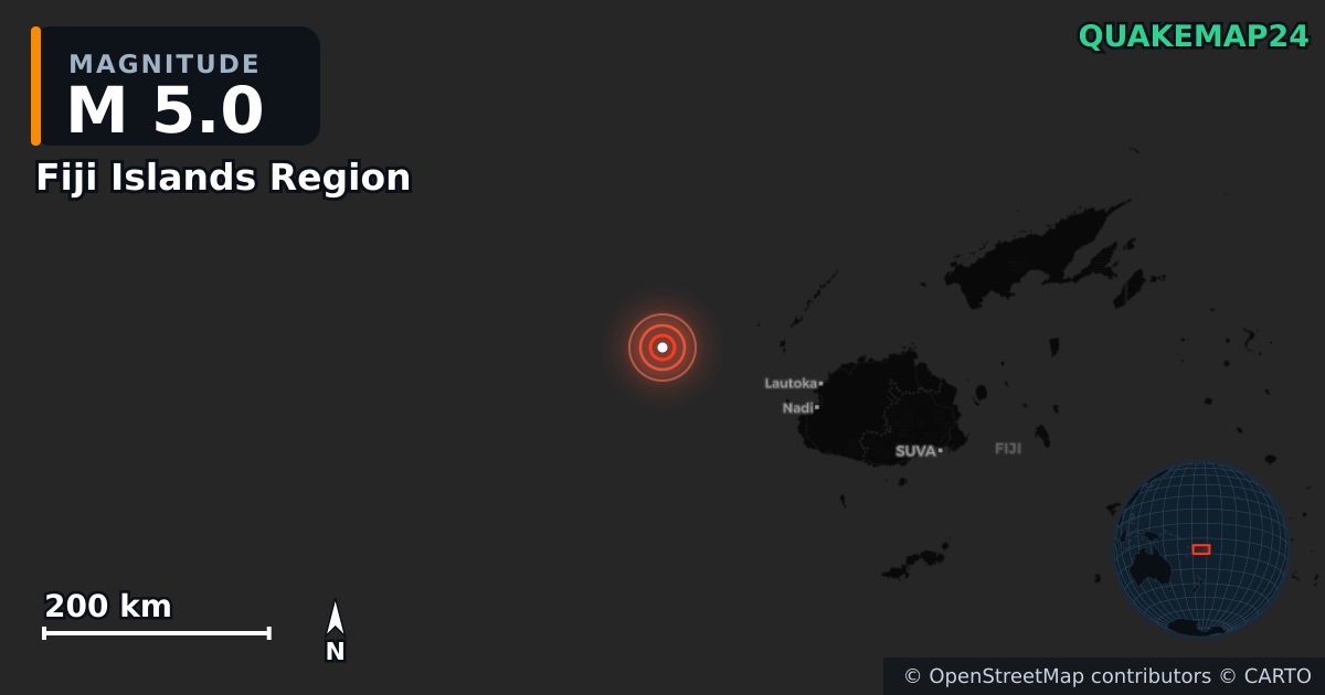 Sismo de M5,0 perto de Fiji Islands Region — Mapa da localização do epicentro