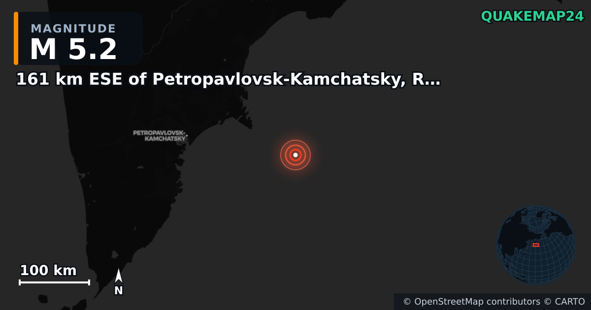 M5.2 earthquake near 161 km ESE of Petropavlovsk-Kamchatsky, Russia on Jan 10, 2026 — map of epicenter and shaking intensity | QuakeMap24