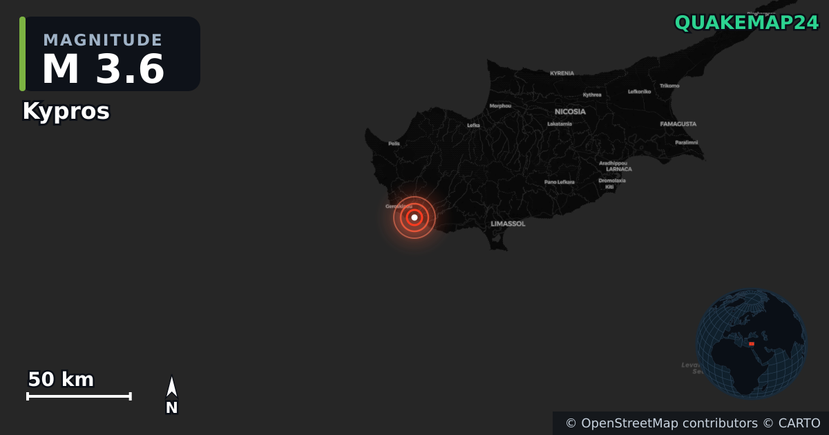 M3.6 earthquake near Kypros on Nov 12, 2025 — map of epicenter and shaking intensity | QuakeMap24