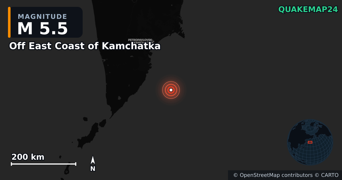 M5.5 earthquake near Off East Coast of Kamchatka on Jun 3, 2026 — map of epicenter and shaking intensity | QuakeMap24
