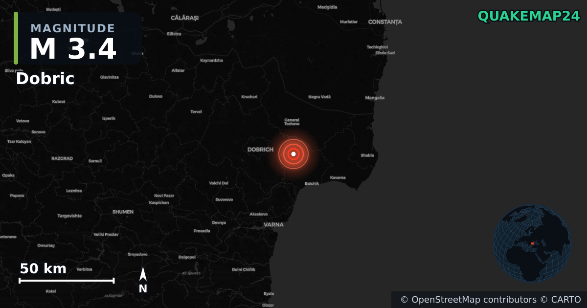 M3.4 earthquake near Dobric on Oct 15, 2025 — map of epicenter and shaking intensity | QuakeMap24