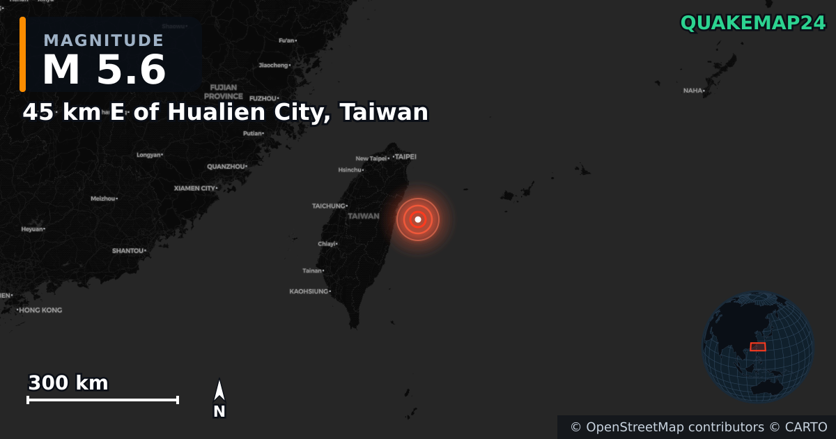 M5.6 earthquake near 45 km E of Hualien City, Taiwan on May 5, 2025 — map of epicenter and shaking intensity | QuakeMap24