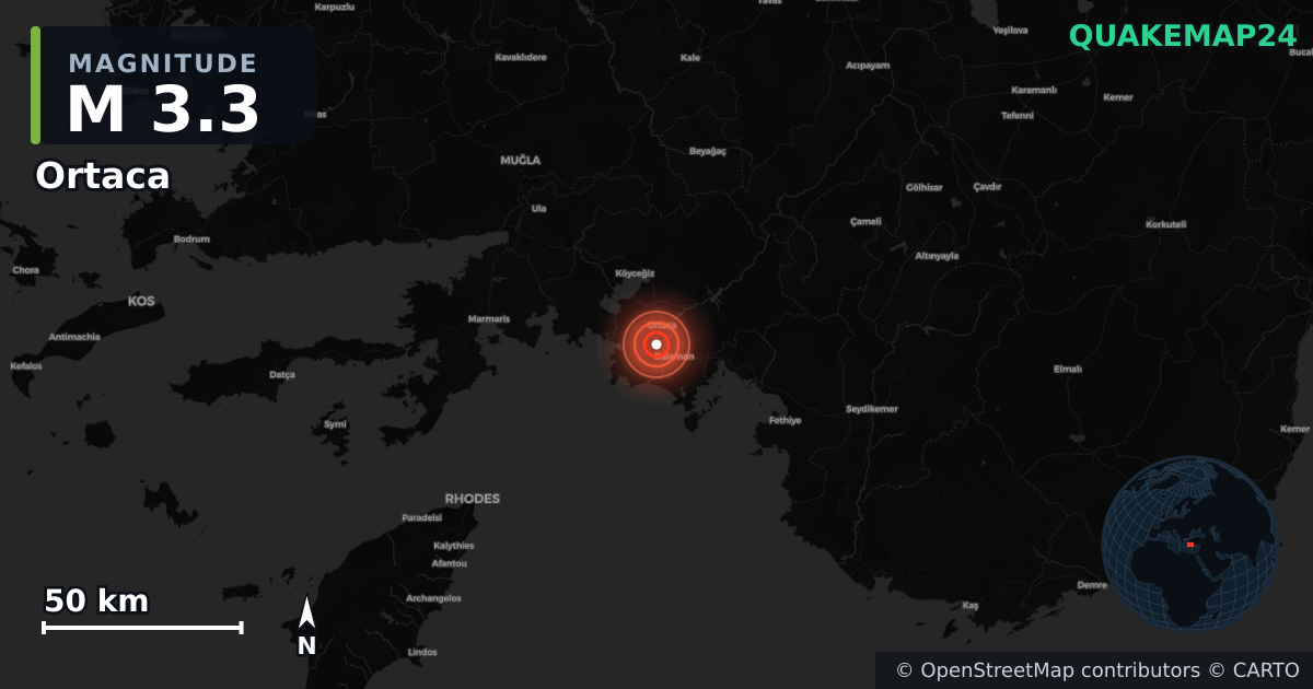 M3.3 earthquake near Ortaca on Oct 16, 2025 — map of epicenter and shaking intensity | QuakeMap24