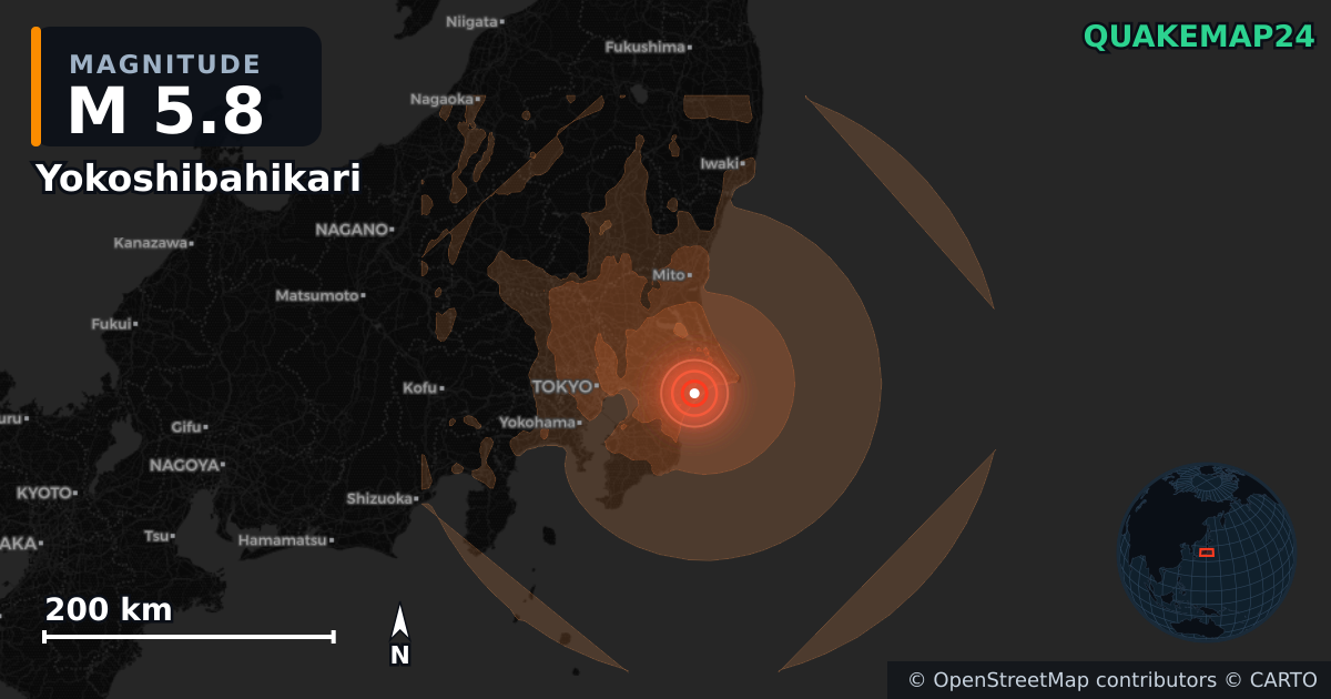 M5.8 earthquake near Yokoshibahikari on Jun 26, 2026 — map of epicenter and shaking intensity | QuakeMap24