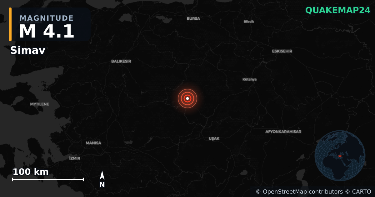M4.1 earthquake near Simav on Sep 20, 2025 — map of epicenter and shaking intensity | QuakeMap24