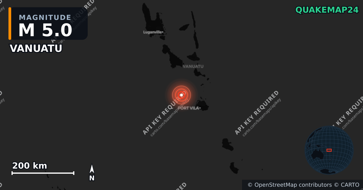 M5.0 earthquake near VANUATU on May 31, 2026 — map of epicenter and shaking intensity | QuakeMap24