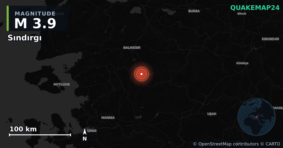 M3.9 earthquake near Sındırgı on Sep 6, 2025 — map of epicenter and shaking intensity | QuakeMap24