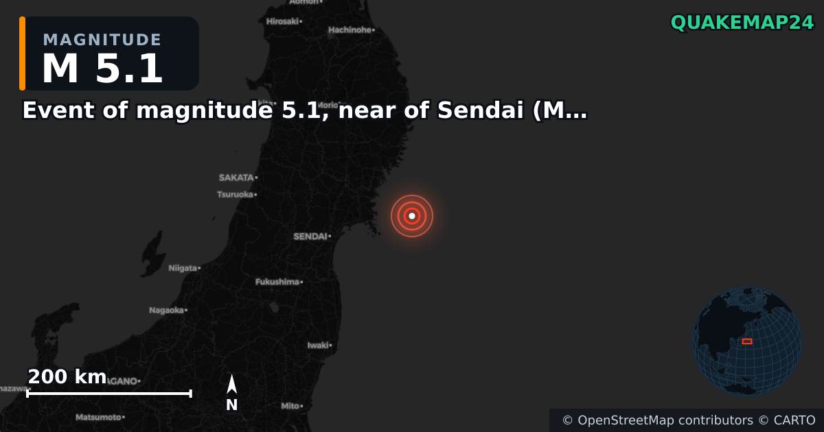 M5.1 earthquake near Event of magnitude 5.1, near of Sendai (Monde) on Apr 4, 2026 — map of epicenter and shaking intensity | QuakeMap24