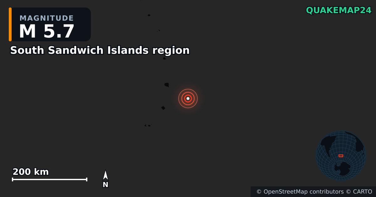 M5.7 earthquake near South Sandwich Islands region on Dec 17, 2025 — map of epicenter and shaking intensity | QuakeMap24