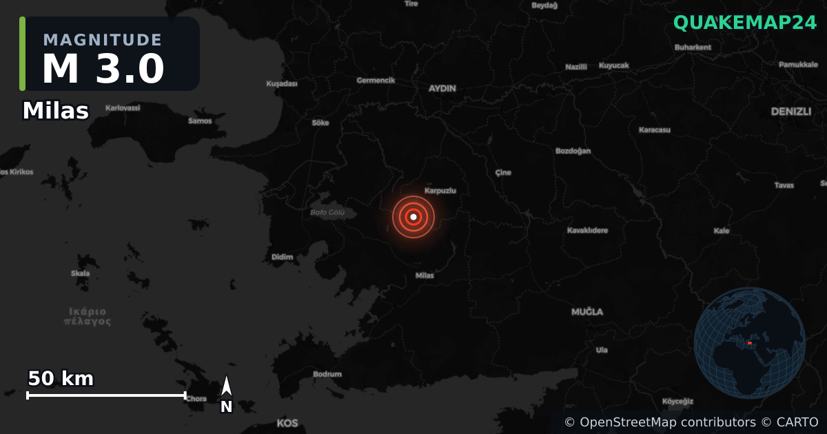M3.0 earthquake near Milas on Sep 8, 2025 — map of epicenter and shaking intensity | QuakeMap24