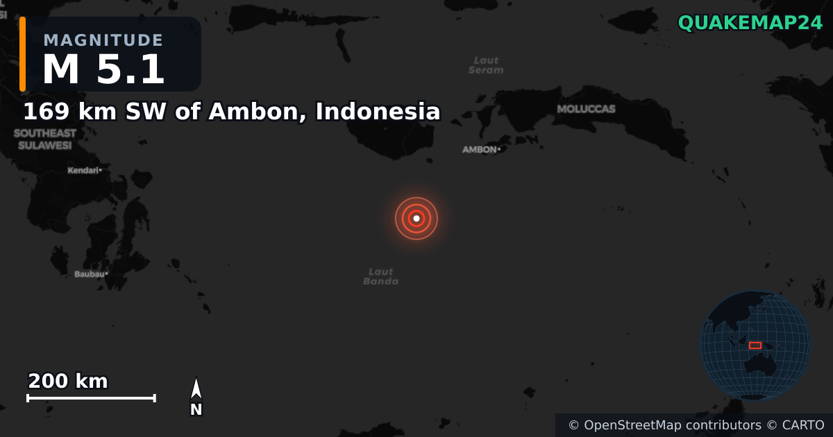 M5.1 earthquake near 169 km SW of Ambon, Indonesia on Feb 2, 2025 — map of epicenter and shaking intensity | QuakeMap24