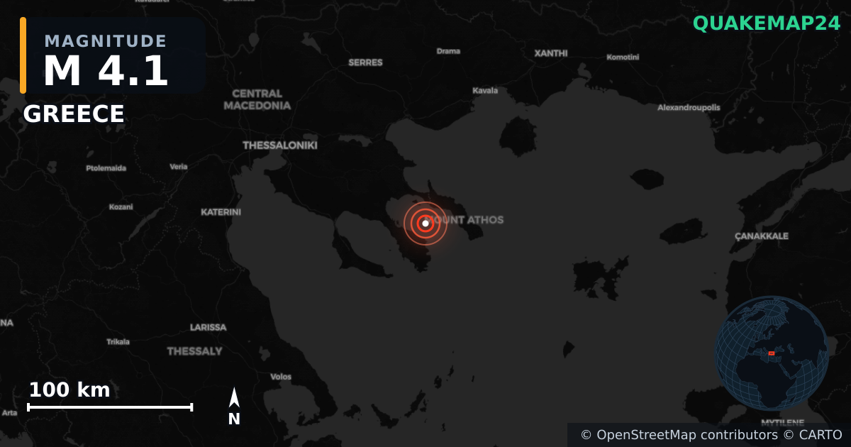 M4.1 earthquake near GREECE on May 1, 2025 — map of epicenter and shaking intensity | QuakeMap24