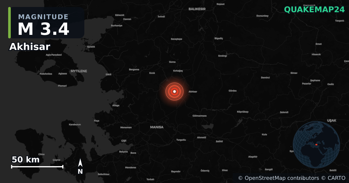 M3.4 earthquake near Akhisar on Jan 23, 2026 — map of epicenter and shaking intensity | QuakeMap24