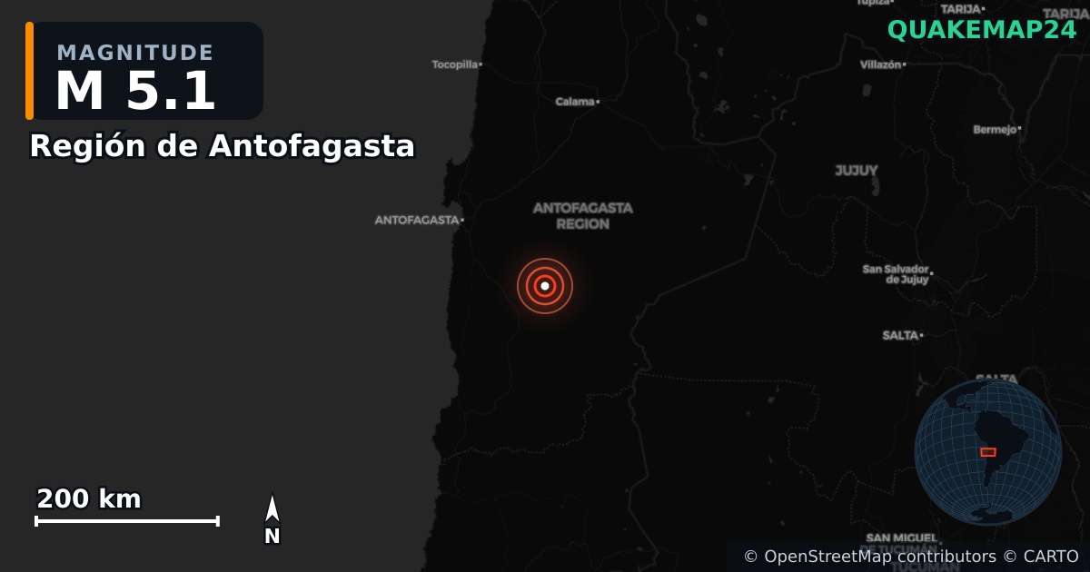M5.1 earthquake near Región de Antofagasta on Jul 17, 2025 — map of epicenter and shaking intensity | QuakeMap24