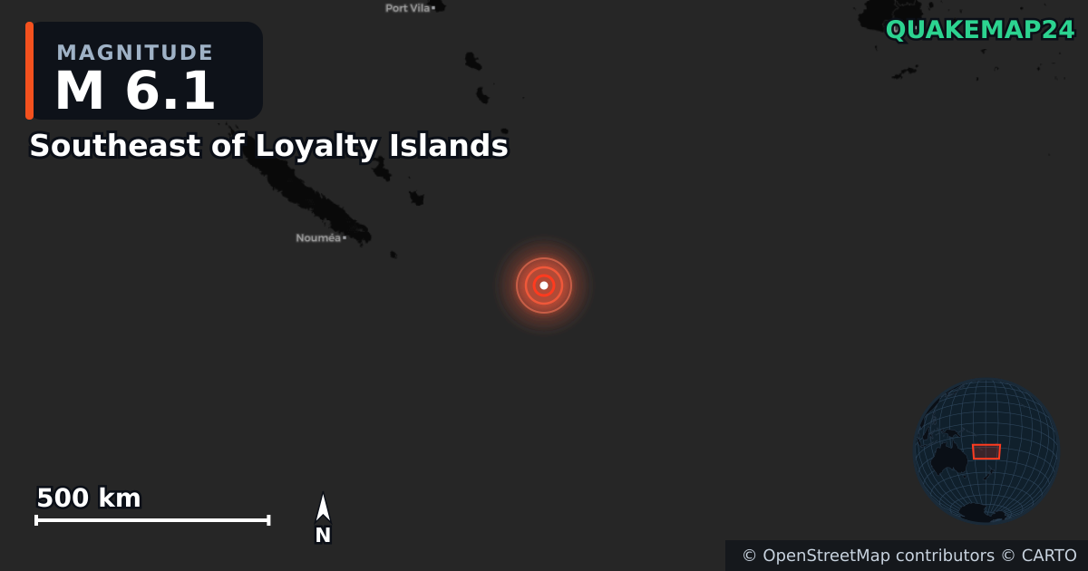 M6.1 earthquake near Southeast of Loyalty Islands on Aug 16, 2025 — map of epicenter and shaking intensity | QuakeMap24