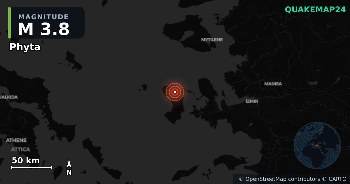 M3.8 earthquake near Phyta on Jan 26, 2026 — map of epicenter and shaking intensity | QuakeMap24