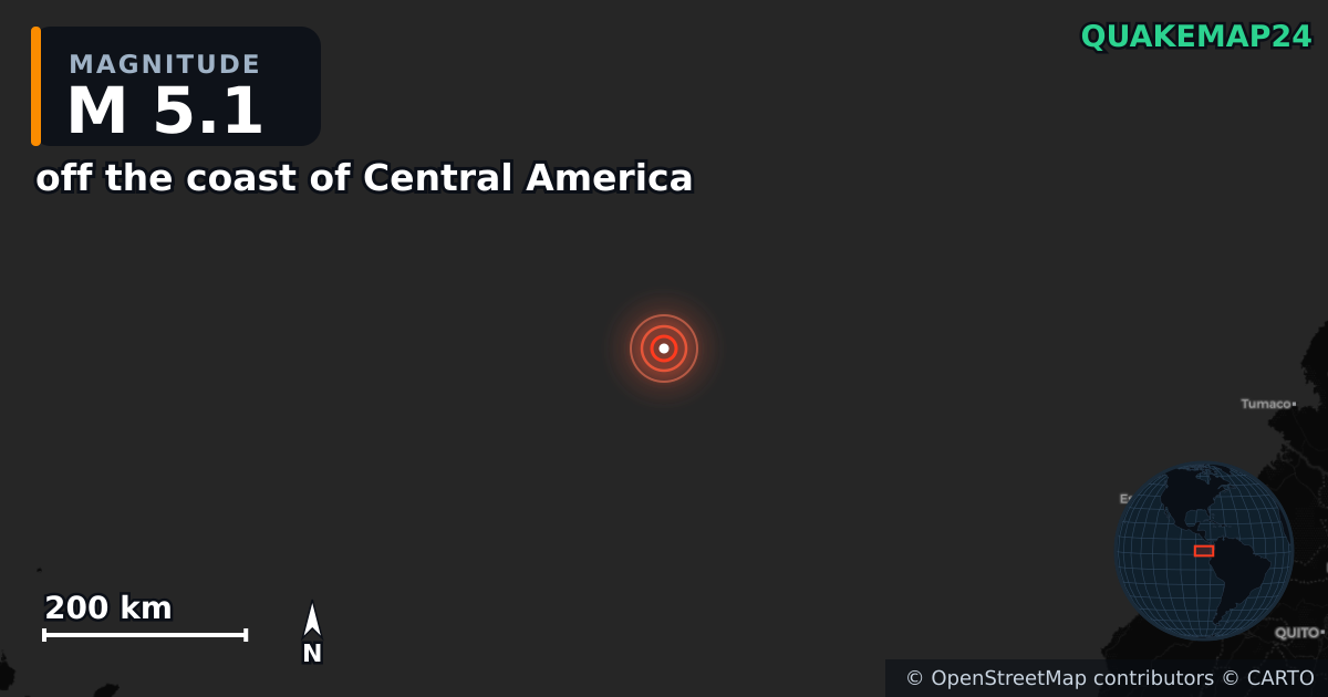 off the coast of Central America yakınında M5,1 deprem — Deprem merkez üssünün konumunu gösteren harita