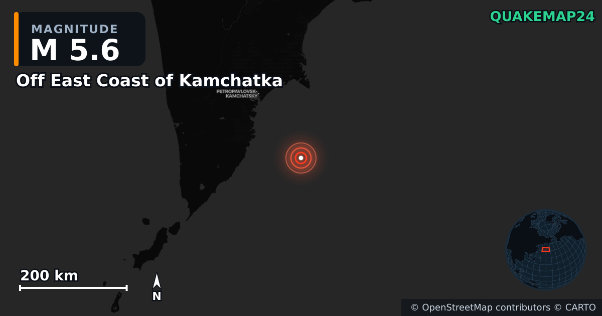 M5.6 earthquake near Off East Coast of Kamchatka on Jul 31, 2025 — map of epicenter and shaking intensity | QuakeMap24