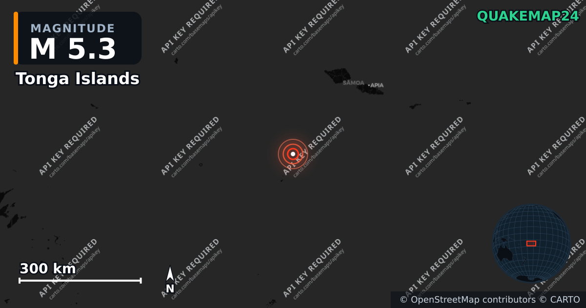 M5.3 earthquake near Tonga Islands on Feb 3, 2026 — map of epicenter and shaking intensity | QuakeMap24