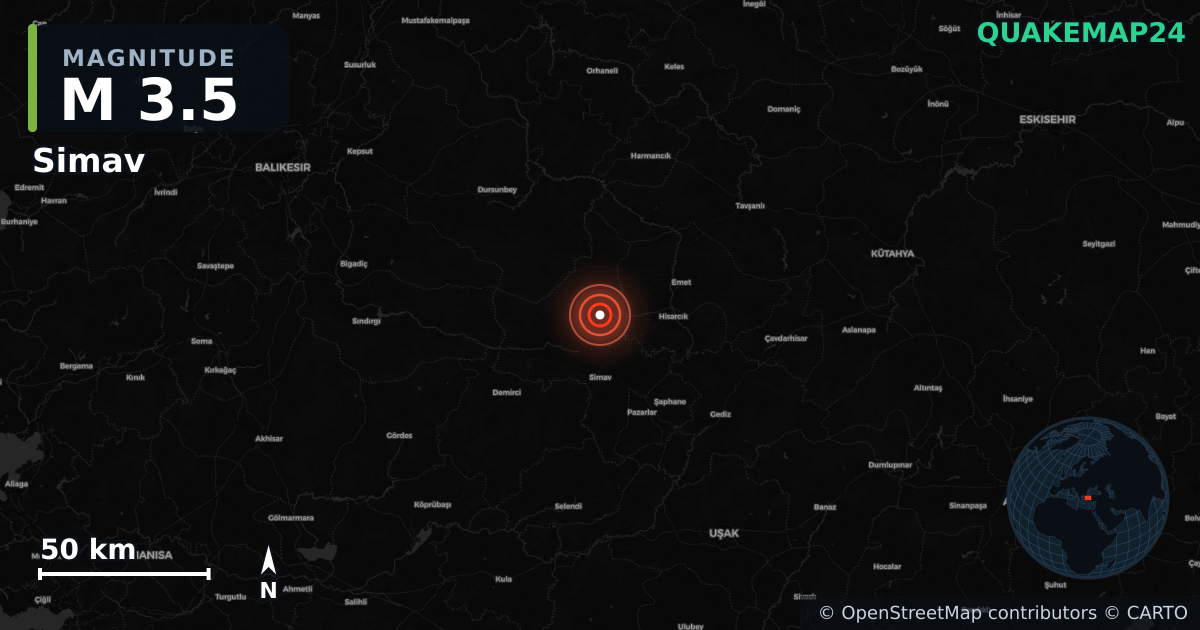 M3.5 earthquake near Simav on May 23, 2025 — map of epicenter and shaking intensity | QuakeMap24