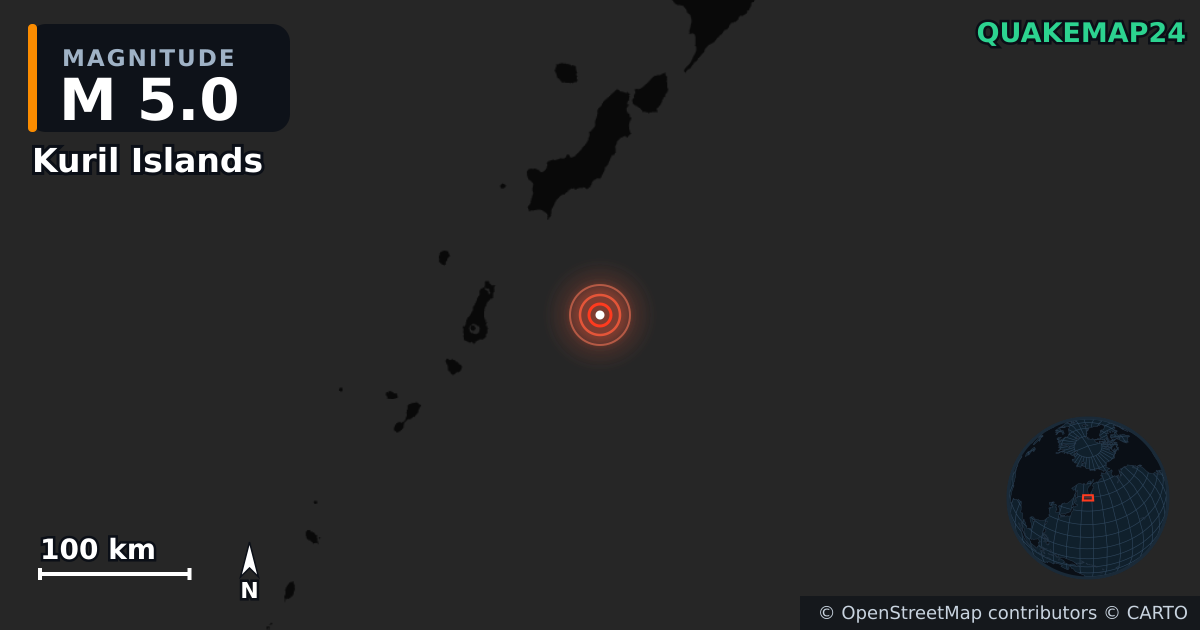 M5.0 earthquake near Kuril Islands on Mar 19, 2026 — map of epicenter and shaking intensity | QuakeMap24
