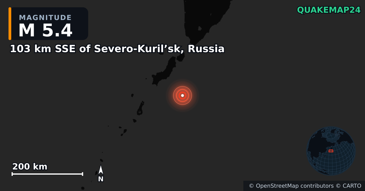 M5.4 earthquake near 103 km SSE of Severo-Kuril’sk, Russia on Jul 31, 2025 — map of epicenter and shaking intensity | QuakeMap24