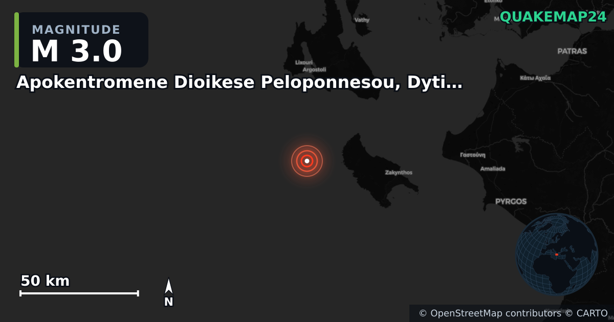 M3.0 earthquake near Apokentromene Dioikese Peloponnesou, Dytikes Elladas kai Ioniou on May 24, 2025 — map of epicenter and shaking intensity | QuakeMap24