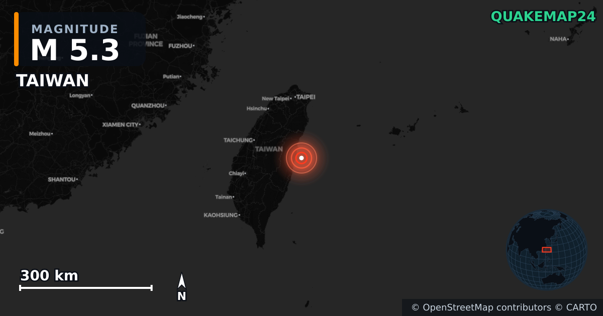M5.3 earthquake near TAIWAN on Dec 8, 2025 — map of epicenter and shaking intensity | QuakeMap24