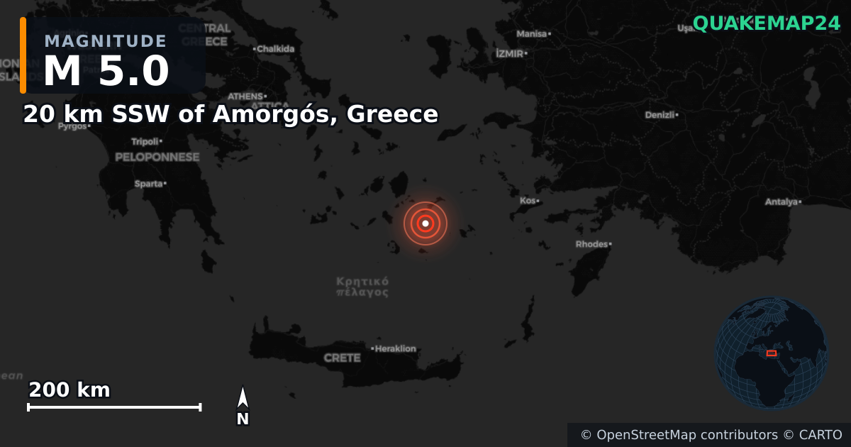 M5.0 earthquake near 20 km SSW of Amorgós, Greece on Feb 18, 2025 — map of epicenter and shaking intensity | QuakeMap24