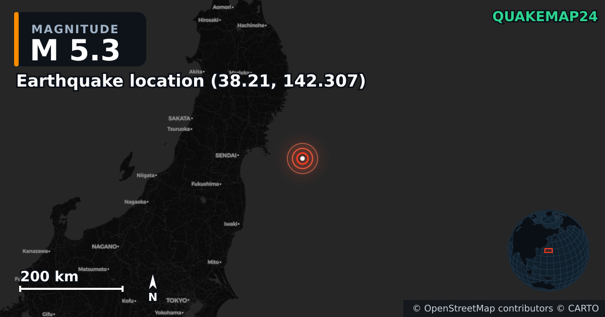 M5.3 earthquake near Deprem konumu (38.21, 142.307) on Apr 24, 2026 — map of epicenter and shaking intensity | QuakeMap24