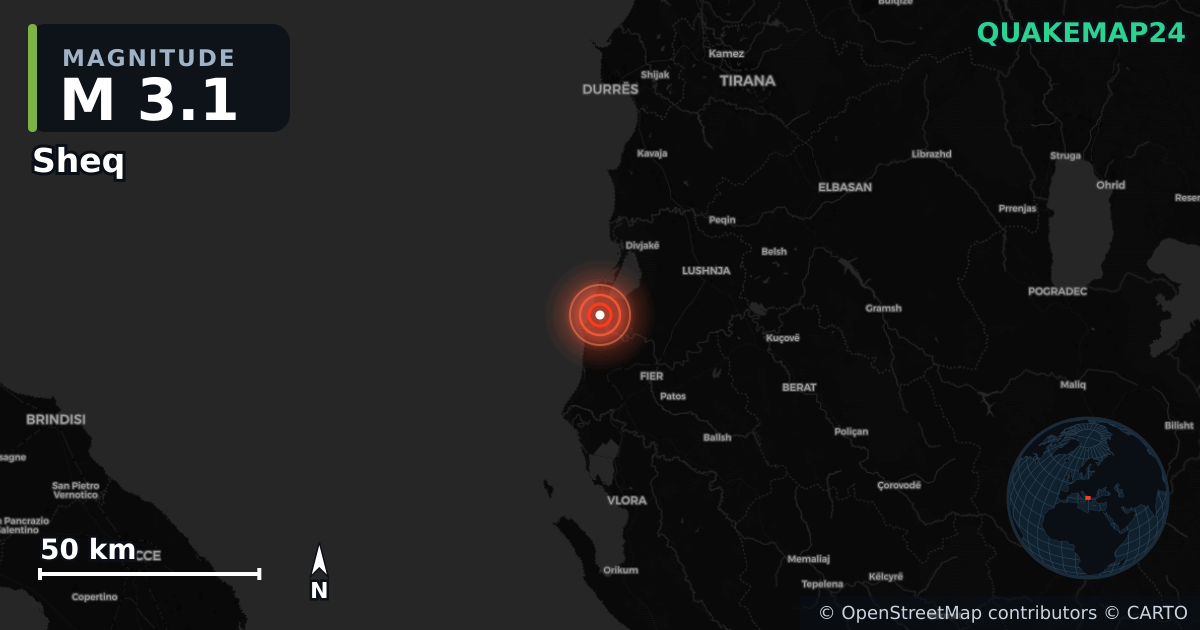 M3.1 earthquake near Sheq on Jan 9, 2026 — map of epicenter and shaking intensity | QuakeMap24