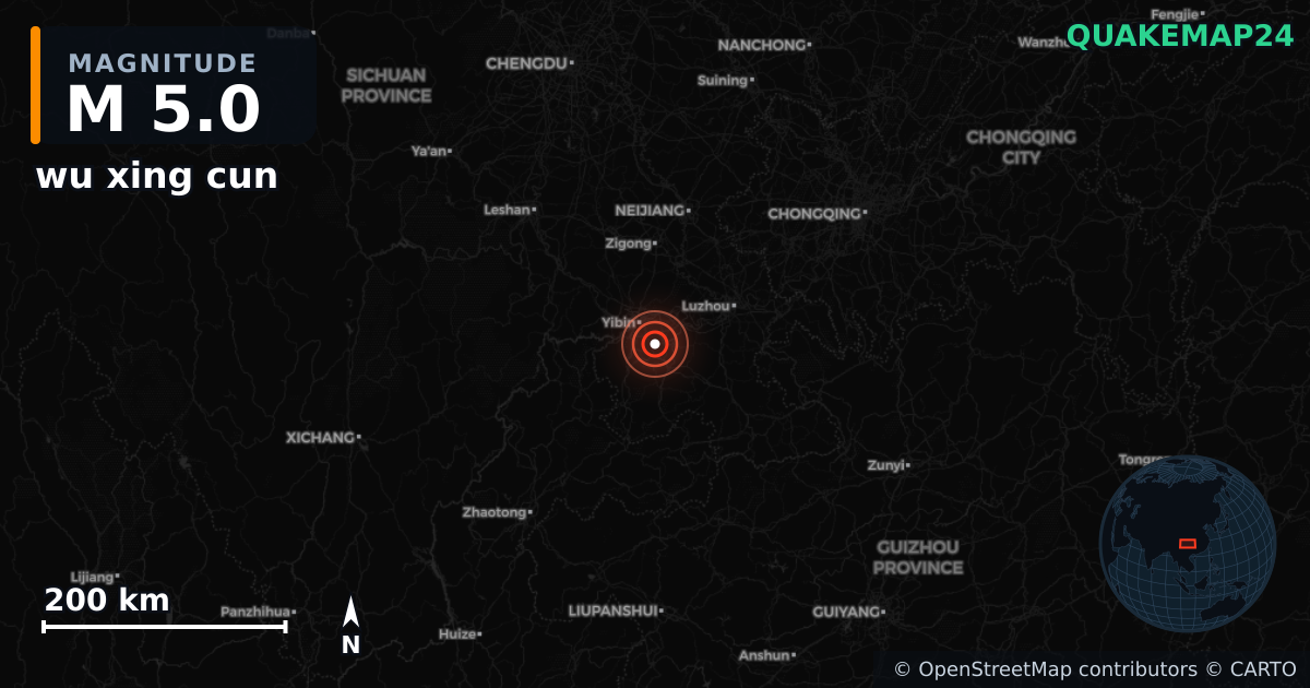 M5.0 earthquake near wu xing cun on Aug 2, 2026 — map of epicenter and shaking intensity | QuakeMap24