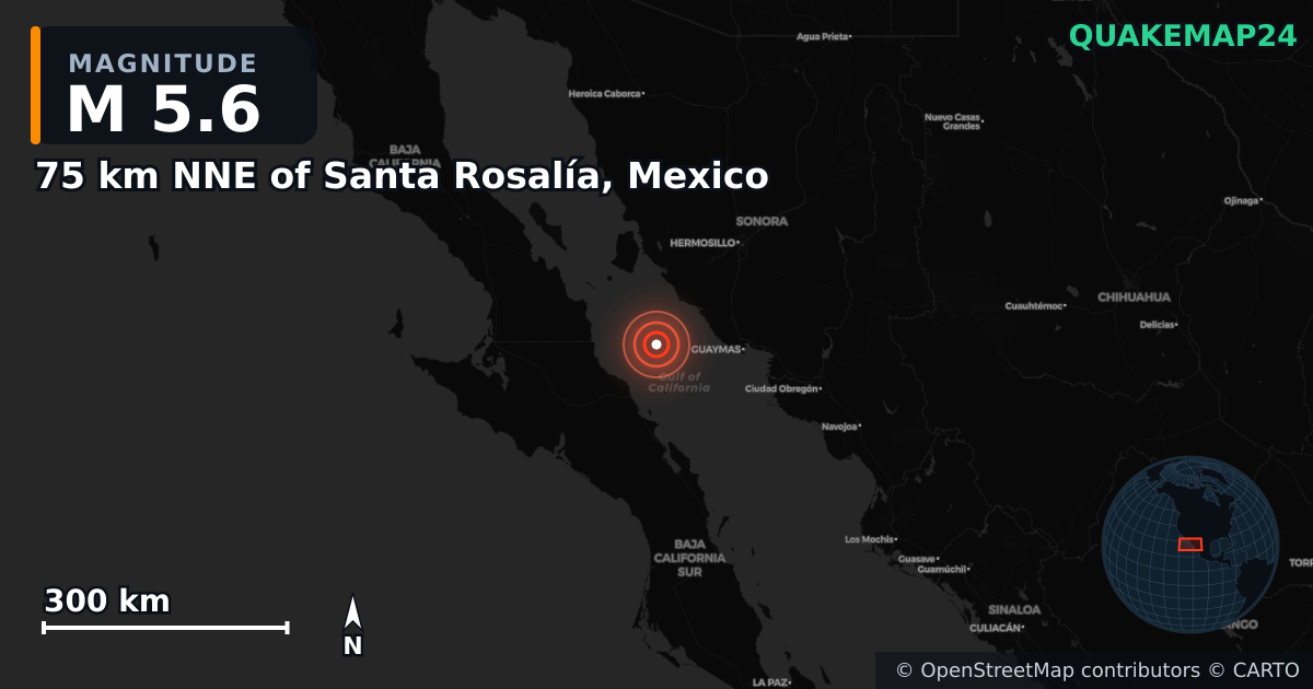 M5.6 earthquake near 75 km NNE of Santa Rosalía, Mexico on Nov 7, 2025 — map of epicenter and shaking intensity | QuakeMap24