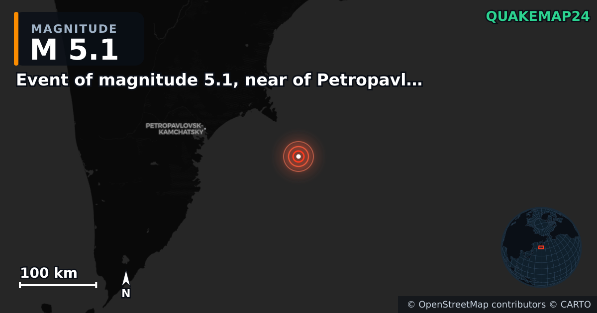 M5.1 earthquake near Event of magnitude 5.1, near of Petropavlovsk Kamchatskiy (Monde) on Sep 19, 2025 — map of epicenter and shaking intensity | QuakeMap24